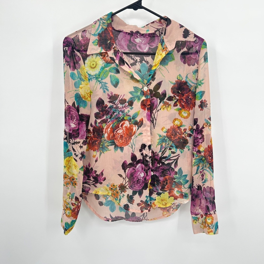 Sheer‎ Floral Blouse S Pink Cottagecore Romantic Whimsigoth Boho Button Down